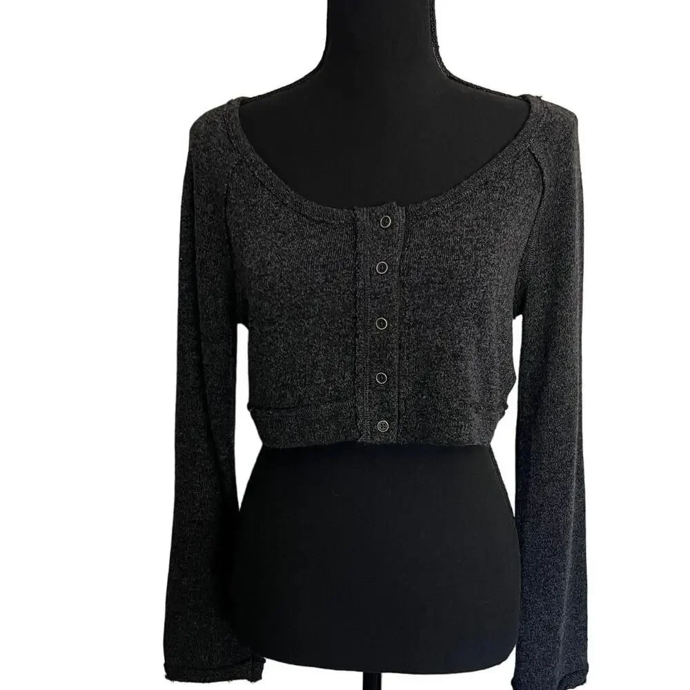 Free People Dark Heathered Gray Crop Long Sleeve Lace Snap Front Top - Small